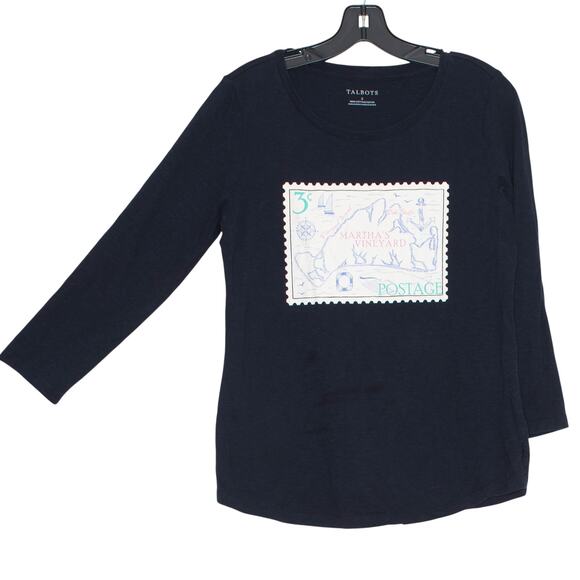 Talbots Top 3/4 Sleeve Marthas Vineyard Postage Stamp Coastal Navy Blue Small - Picture 7 of 8